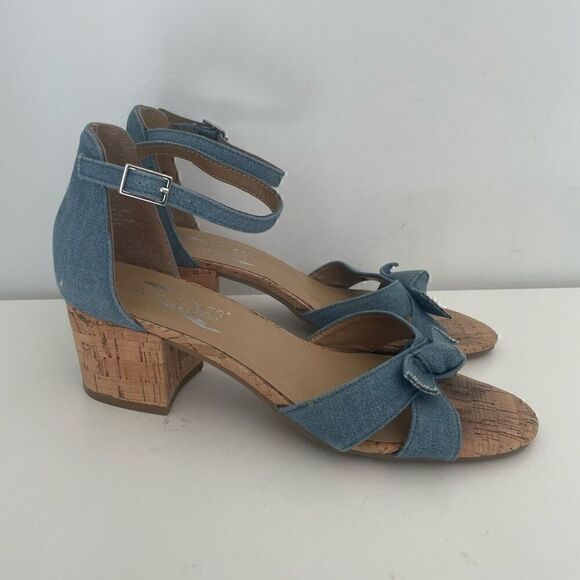 Aerosoles Heelrest Cuff Link Blue Denim Cork Ankle Strap Heels Size 8 - Picture 1 of 9